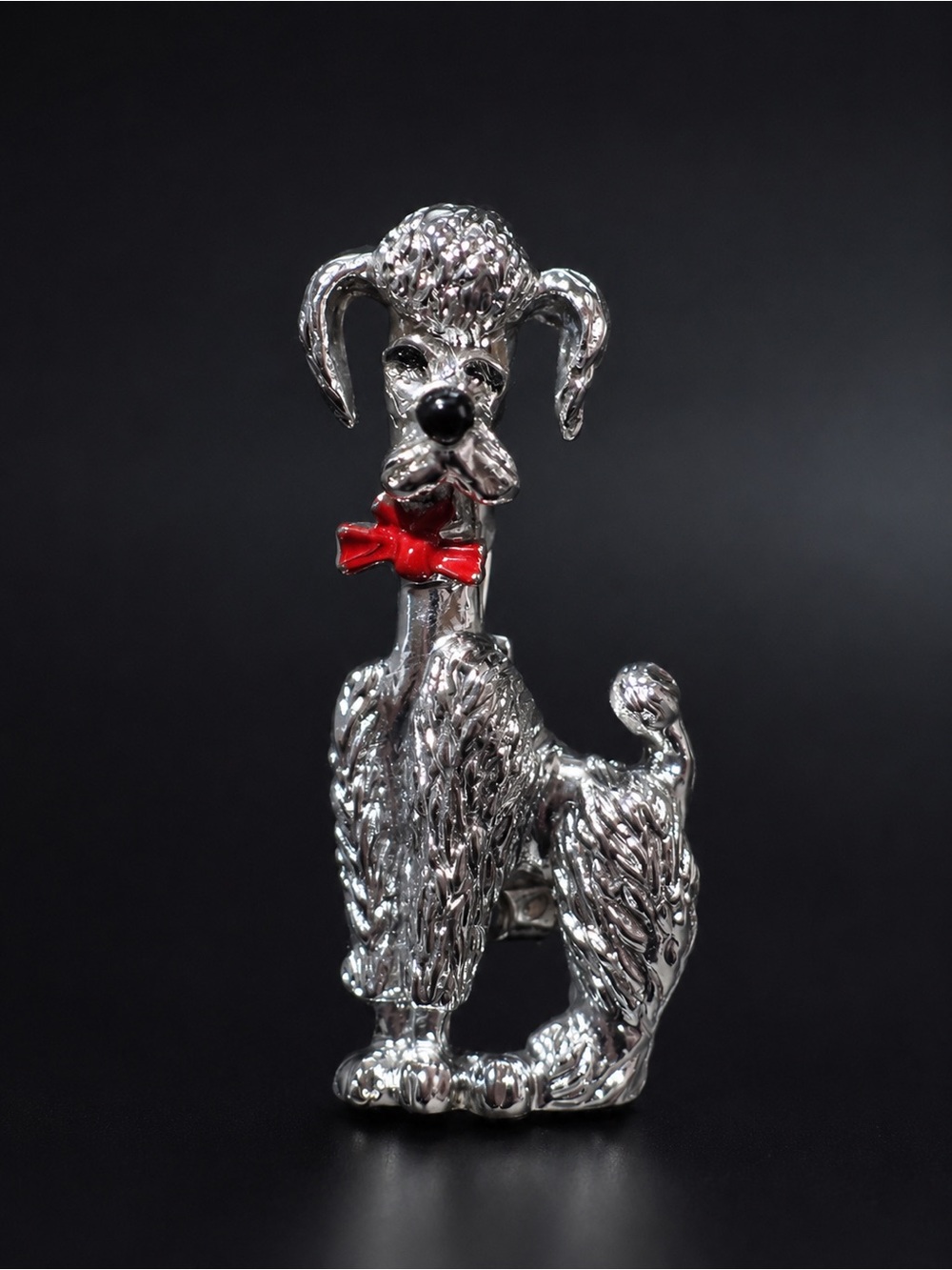 Vintage Silver Tone Poodle Dog Brooch Pin Red Bow Enamel Accents 1.25”